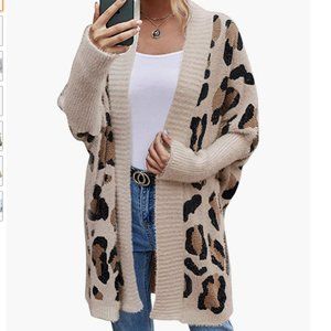 Cardigan Long Sleeves Open Front Leopard Print Knitted Sweater Outerwear